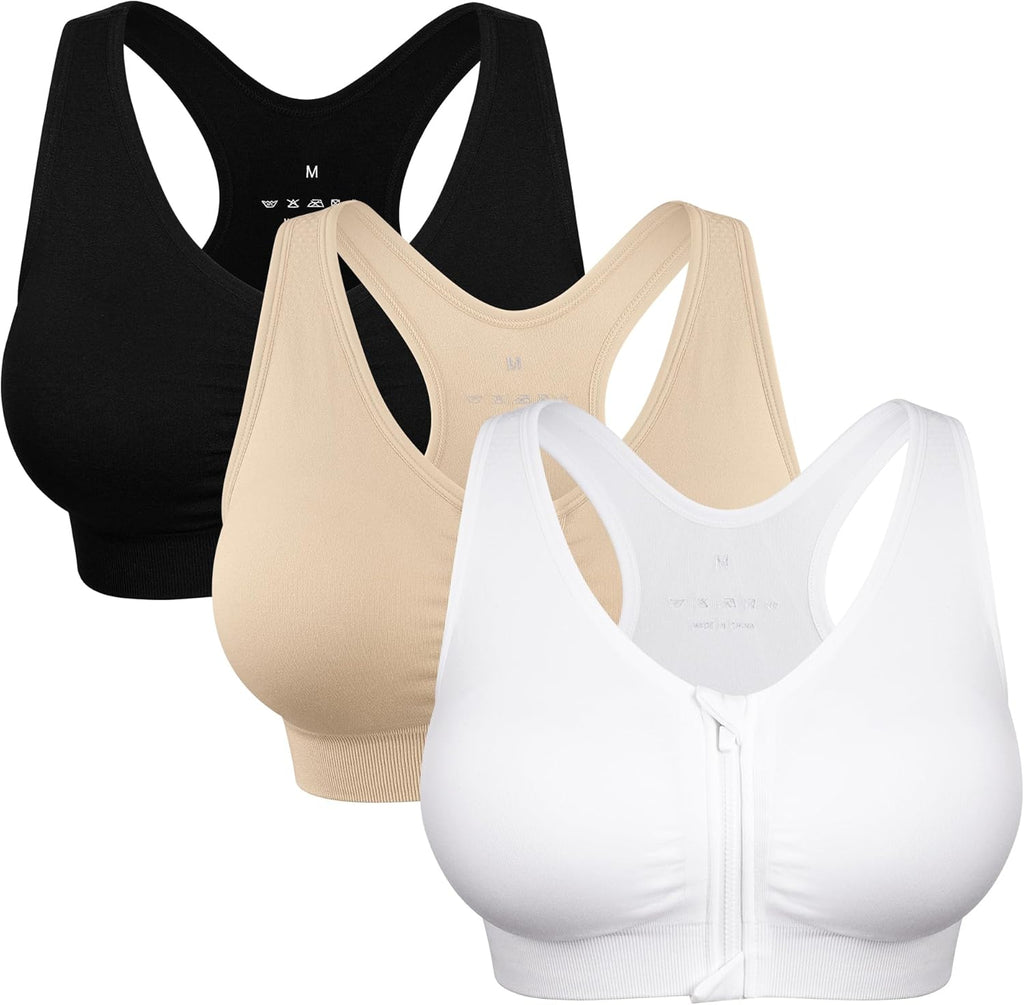 Skiennix Women's Zip Front Sports Bra - Wireless Post-Surgery Support for Yoga & Fitness