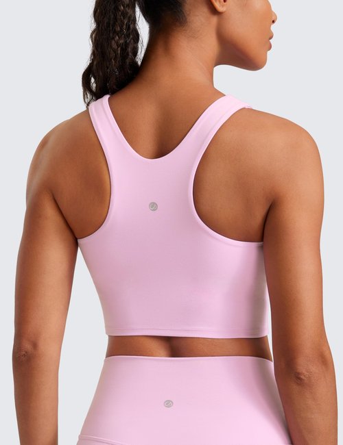 CRZ YOGA Butterluxe High Neck Crop Tank Tops for Women - Racerback Padded Longline Sports Bras Workout Vita Pink Medium