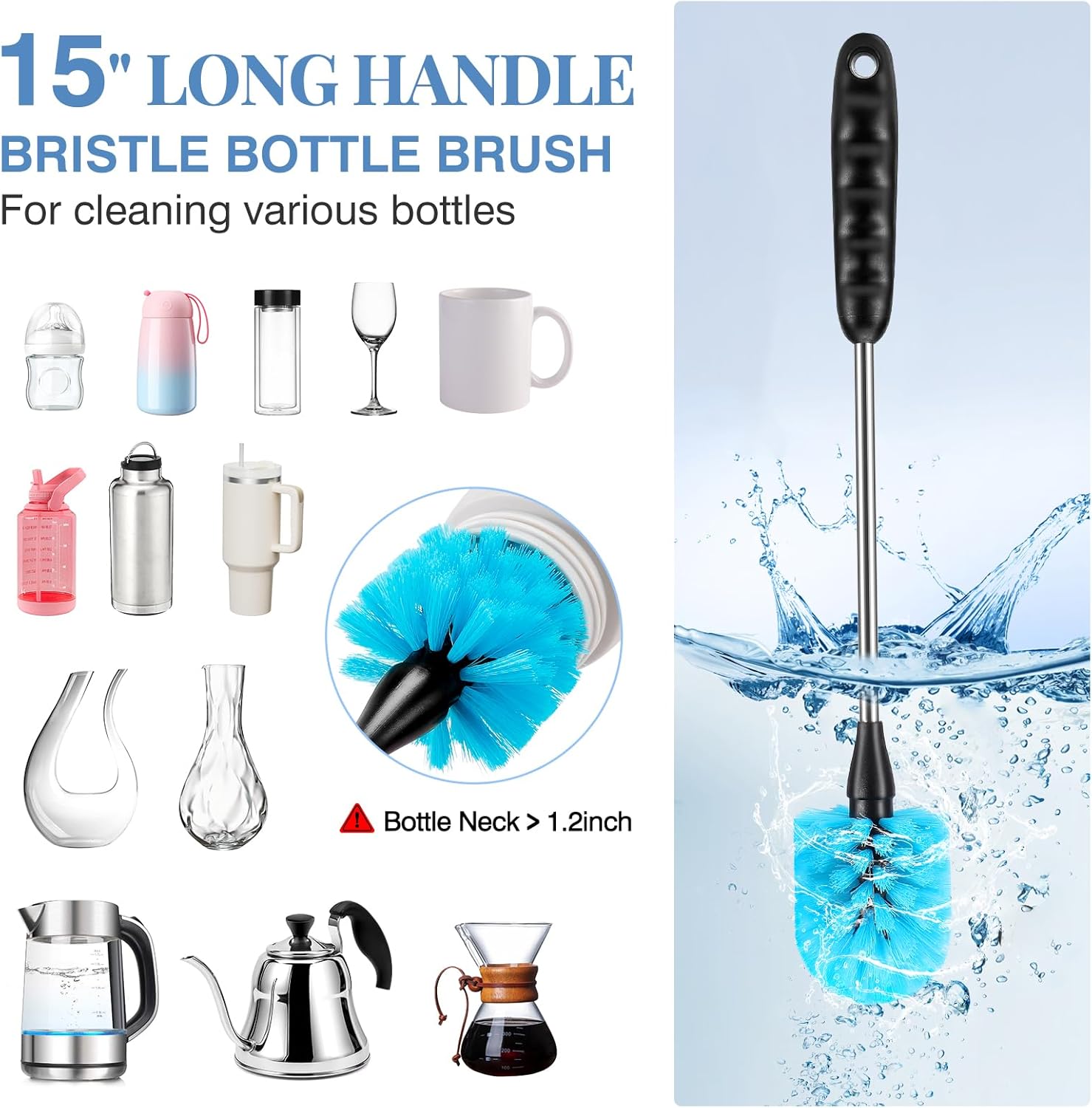 Skiennix 3-in-1 Stainless Steel Cleaning Brush Set - Long Handle for Bottles, Mugs & Tumblers