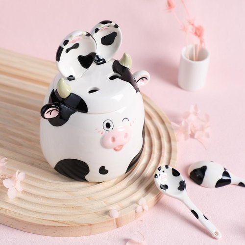 Bicuzat Ceramic Cow Pattern Measuring Spoons Set for Dry or Liquid with Measuring Cup Set, 4 PCS Kitchen Measuring Baking Spoons Cooking Measuring Spoons for Kitchen Baking Tool Utensil Set