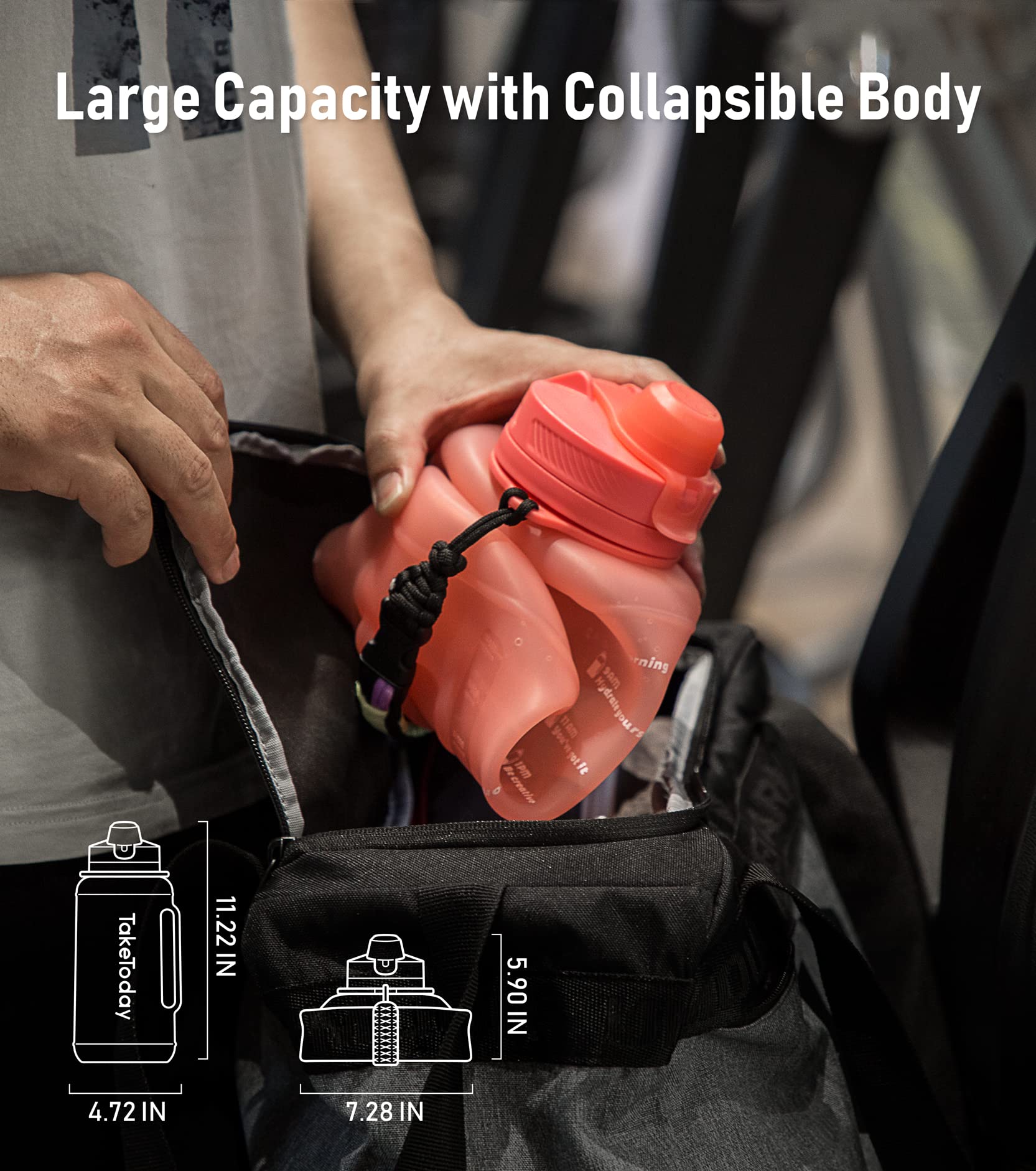 TakeToday 68 oz Collapsible Water Bottles with Straw, Half Gallon Water Bottle with Motivational Time Marker, Large Reusable Silicone Water Jug with Paracord Handle for Sports, Outdoors (Black)