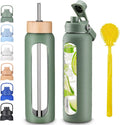Skiennix 32 oz Glass Water Bottle - Borosilicate Tumbler with Silicone Sleeve & Bamboo Straw Lid | Leakproof, BPA-Free for Gym, Office & Travel