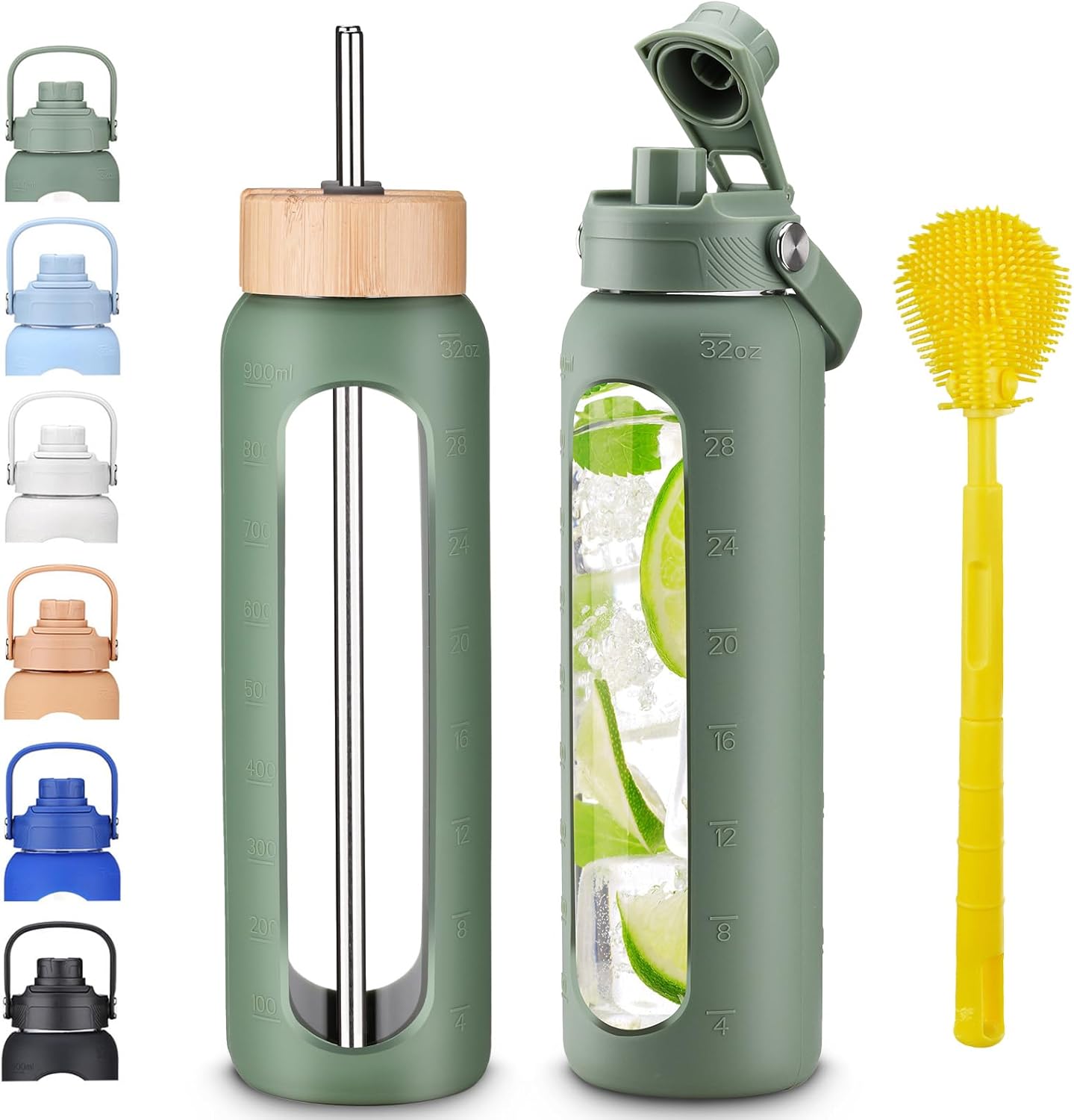 Skiennix 32 oz Glass Water Bottle - Borosilicate Tumbler with Silicone Sleeve & Bamboo Straw Lid | Leakproof, BPA-Free for Gym, Office & Travel