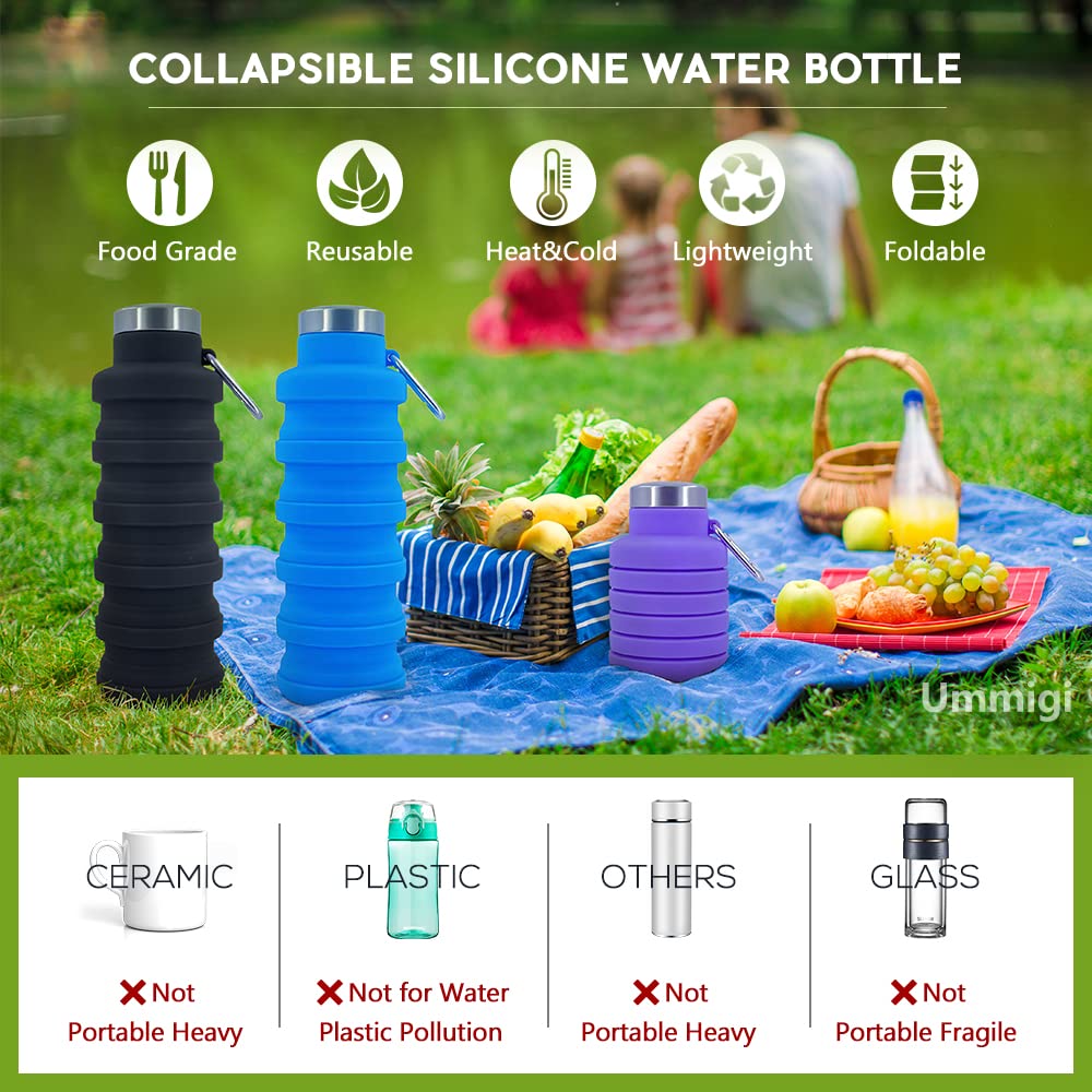 Ummigi Collapsible Water Bottles，17oz Large capacity Silicone Water Bottle with Carabiner，Reusable Foldable Lightweight Sports Water Bottle for Travel Gym Camping Hiking (Blue + Purple)