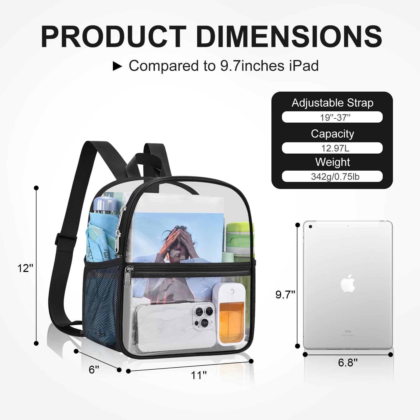 USPECLARE Clear Backpack Stadium Approved 12X11x6, Waterproof Clear Bag Stadium Backpack for Concert Work Sport Event