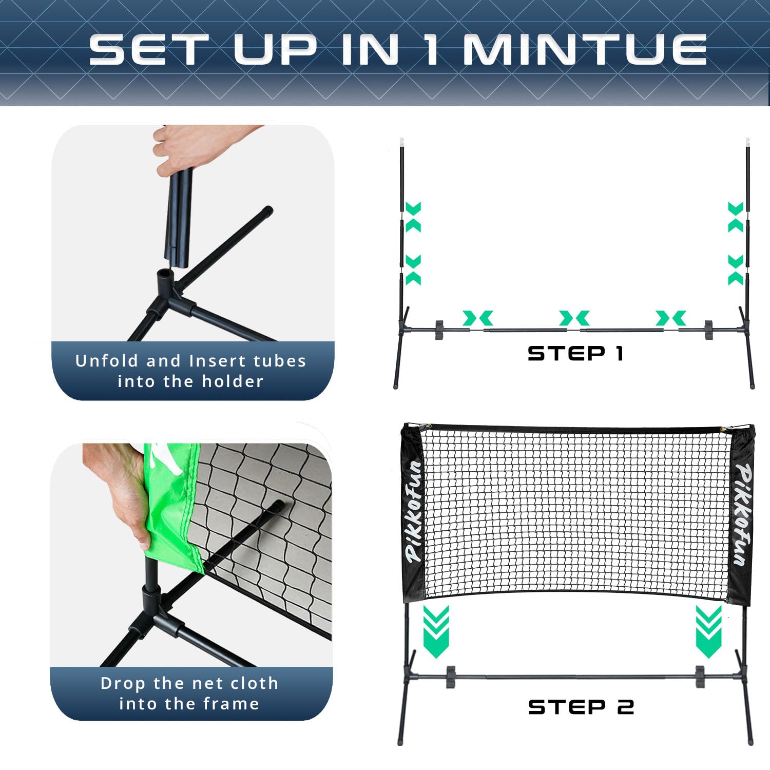 PIKKOFUN Mini Pickleball Net (5 FT Wide), Small Portable Dink Practice Net for Indoor & Outdoor, 60-Second Tool-Free Setup, Carry Bag Included, Pickleball Gifts for Women & Men, Black Net