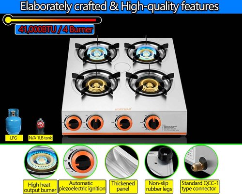 Horynar Propane Stove 4 Burner,Gas Stove Auto Ignition, 41,000 BTU Propane Burner Thickened Stainless Steel,Very Sturdy, Easy to Clean, LPG for Outdoor Cooking, RV, Emergency
