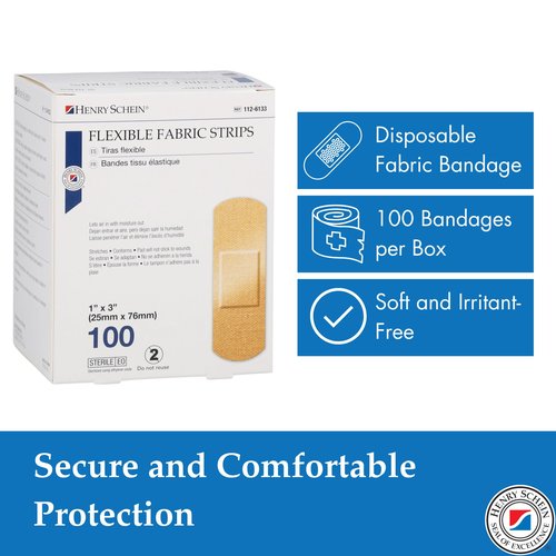 Henry Schein Sterile Adhesive Fabric Bandages, 1" x 3" – Box of 400 Flexible, Breathable Strips – Soft, Stretchable Wound Covers for First Aid, Medical Use, Clinics & Emergency Kits