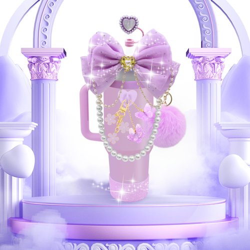 LBU Bling Stanley Cup Accessories for 40/30/20 oz Tumbler with Handle Including Glitter Bow Straw Topper, Heart Straw Cover, Pearl Water Bottle Handle Strap, Boot, Pom-Pom, Keychain Charms(Purple)