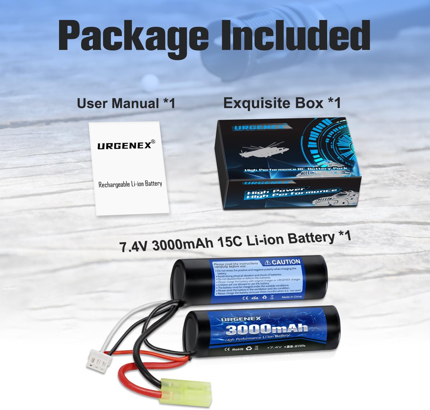 URGENEX 3000mAh Airsoft Battery - 7.4V Nunchuck Rechargeable Stick with Mini Tamiya Plug
