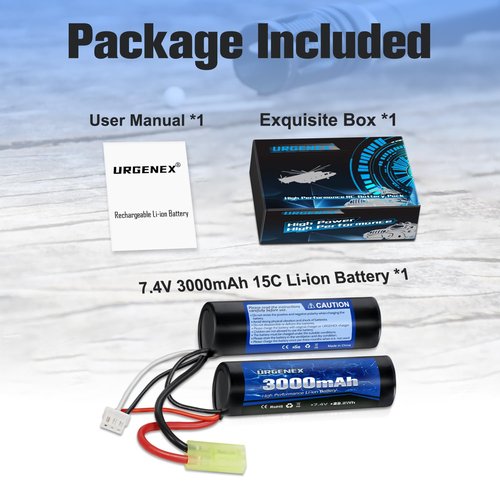 URGENEX 3000mAh Airsoft Battery 7.4V Nunchuck Battery with Mini Tamiya Plug 2S Rechargeable Stick Shape Butterfly Fit for Most Airsoft Model Guns Rifles