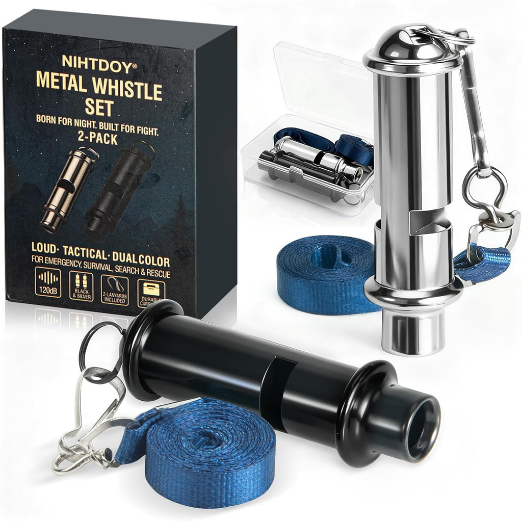 Skiennix Emergency Whistles - 120dB Pealess Safety Whistles with Nylon Lanyards & Case | Black & Silver, Ideal for Hiking & Camping