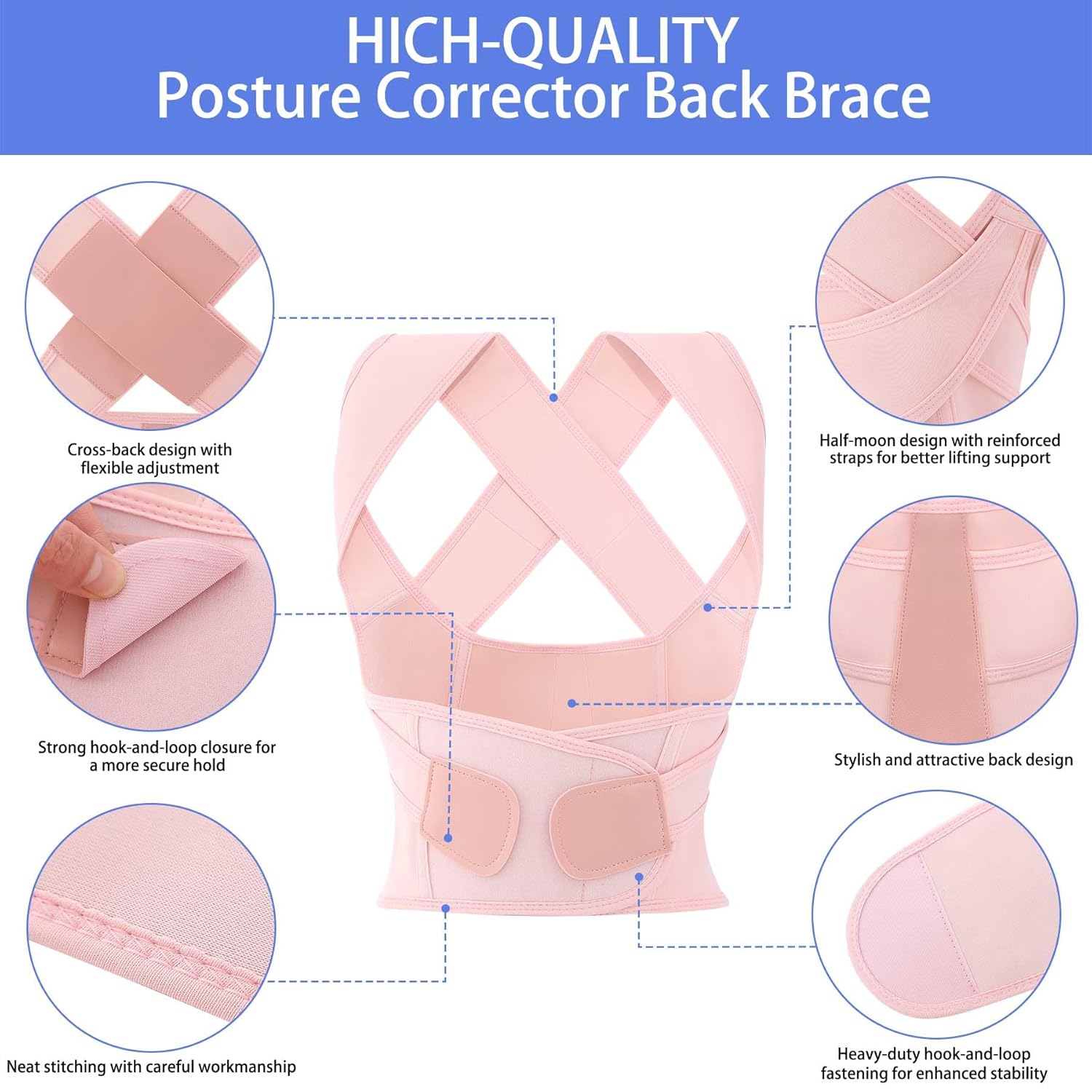 Skiennix Posture Corrector - Adjustable Full Back Support Brace for Men & Women | Hunchback Relief, Medium Pink