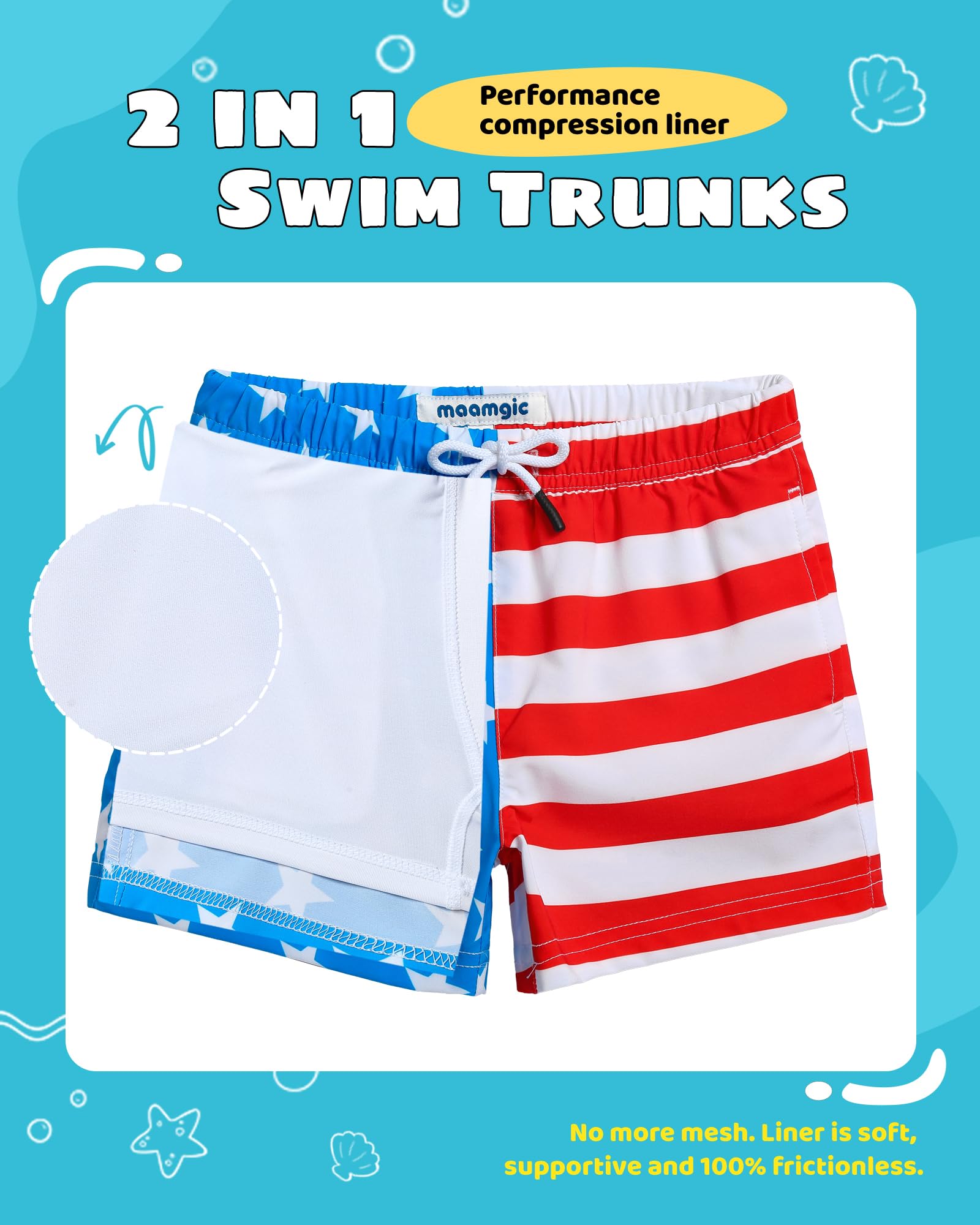 maamgic Boys Swim Trunks with Compression Liner Toddler Stretch Swim Shorts Quick Dry Swimming Trunks Boxer Brief 2 in 1 Beach Shorts American Flag 8