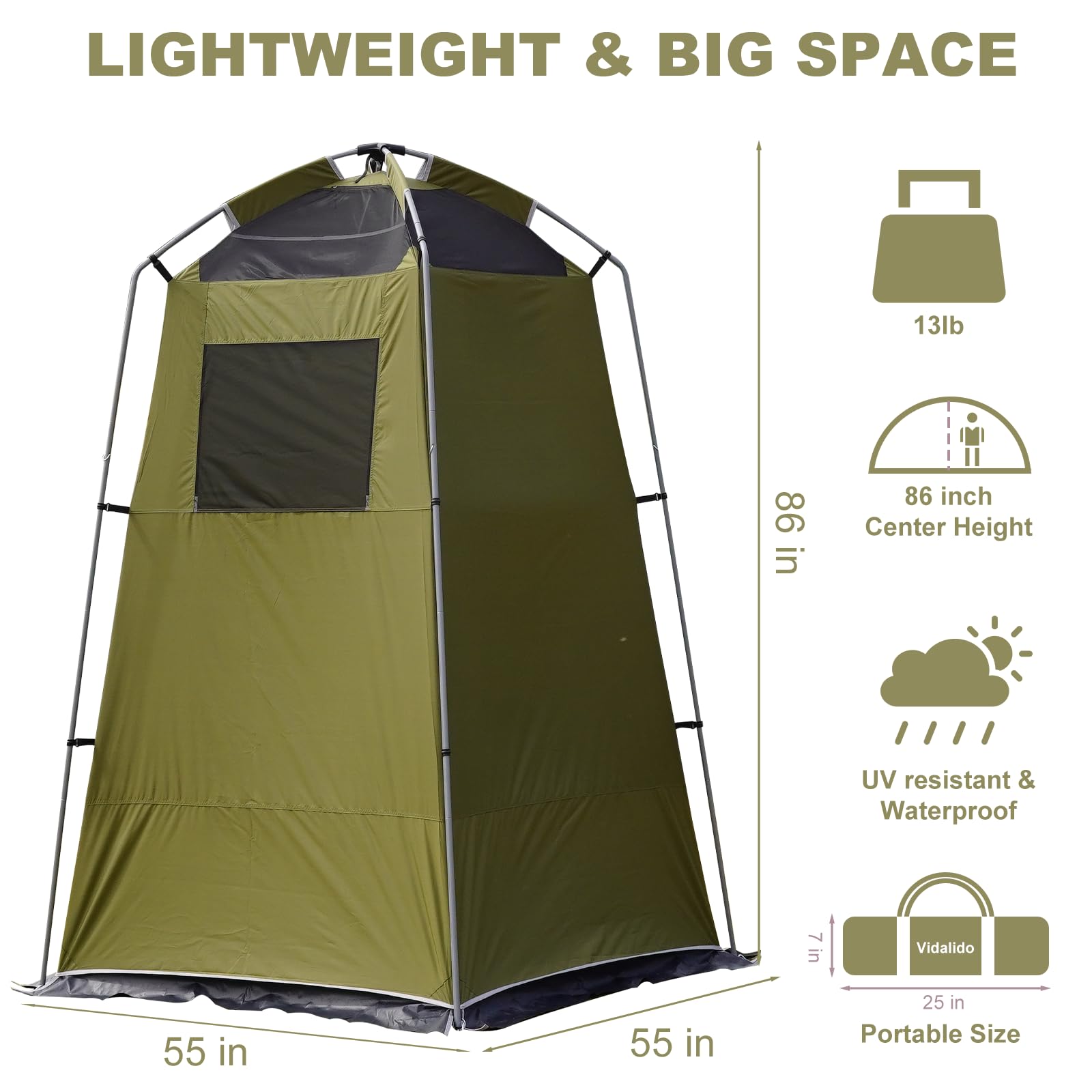 Vidalido Outdoor Camping Shower Tent Easy Setup Privacy Changing Room Portable Camp Shower Tents for Camping with Floor, Waterproof Privacy Shelters Toilet Tent (Army Green)