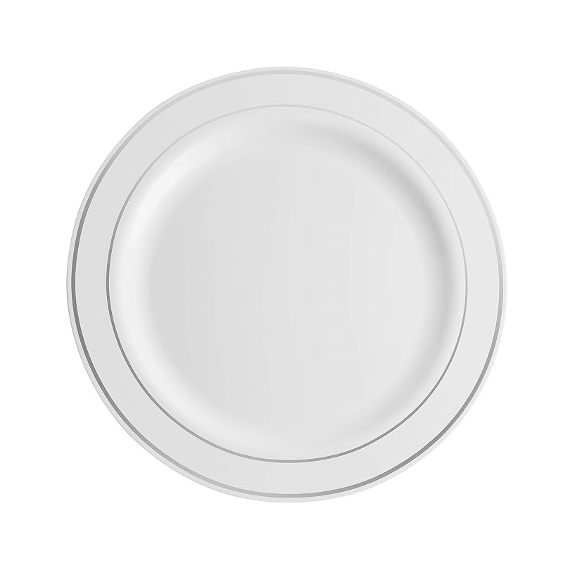 10 Inch Dinner Plates & 7 Inch Salad Plates Combo Set - 100 Pcs, Silver Rim