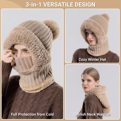 Women’s Knitted Beanie Hat with Face Cover - 3 in 1 Winter Balaclava with Mask Scarf Ear Muffs Pompom Fleece Lined Snow Caps