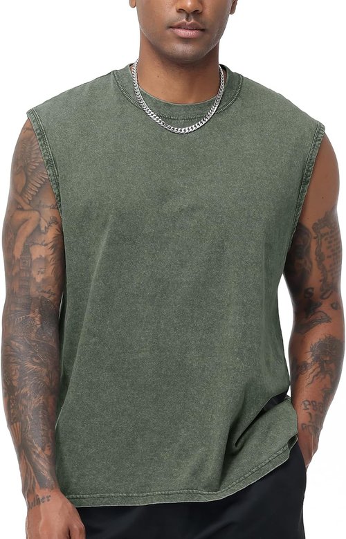Flygo Men's Sleeveless Workout Tank Tops - Acid Wash Cotton Muscle Tees for Gym & Running