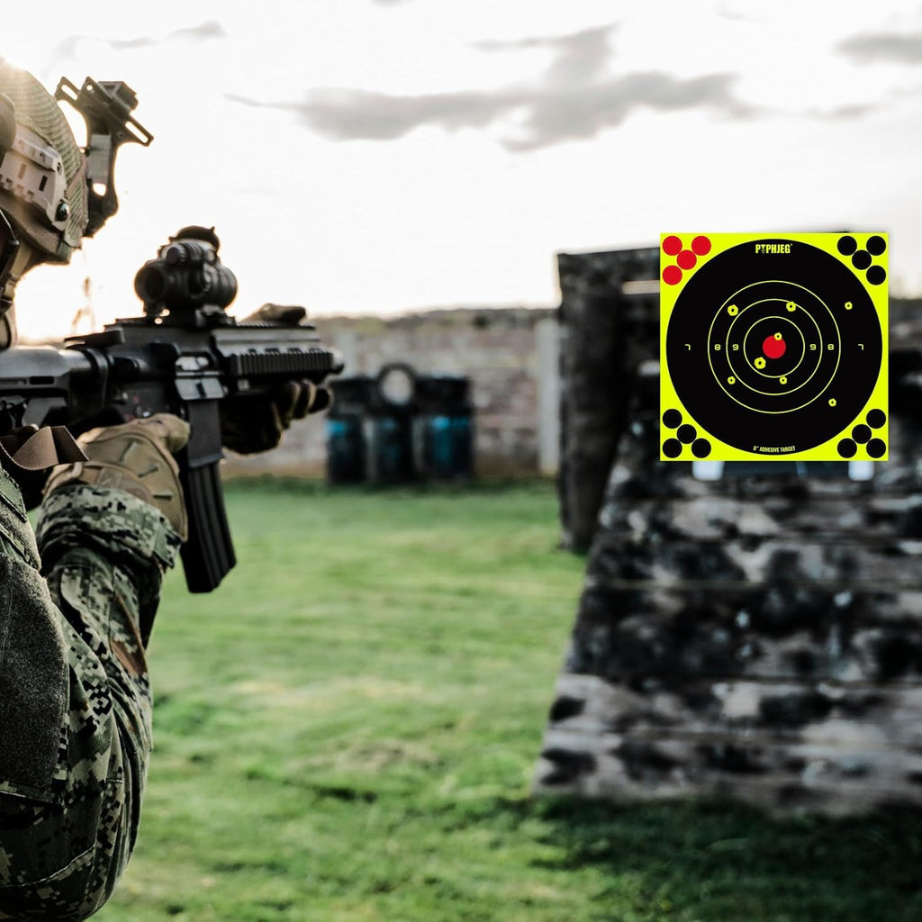 Bright Fluorescent Yellow Shooting Targets - Adhesive Splatter Design | 8x8 Inches (25/50/100 Pack)