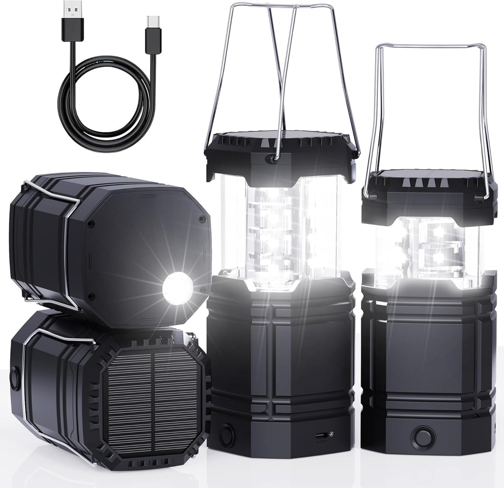 Rechargeable Emergency Lanterns - 4 Pack USB-C & Solar Backup | 1600mAh, 30H Runtime, Compact Camping Lights