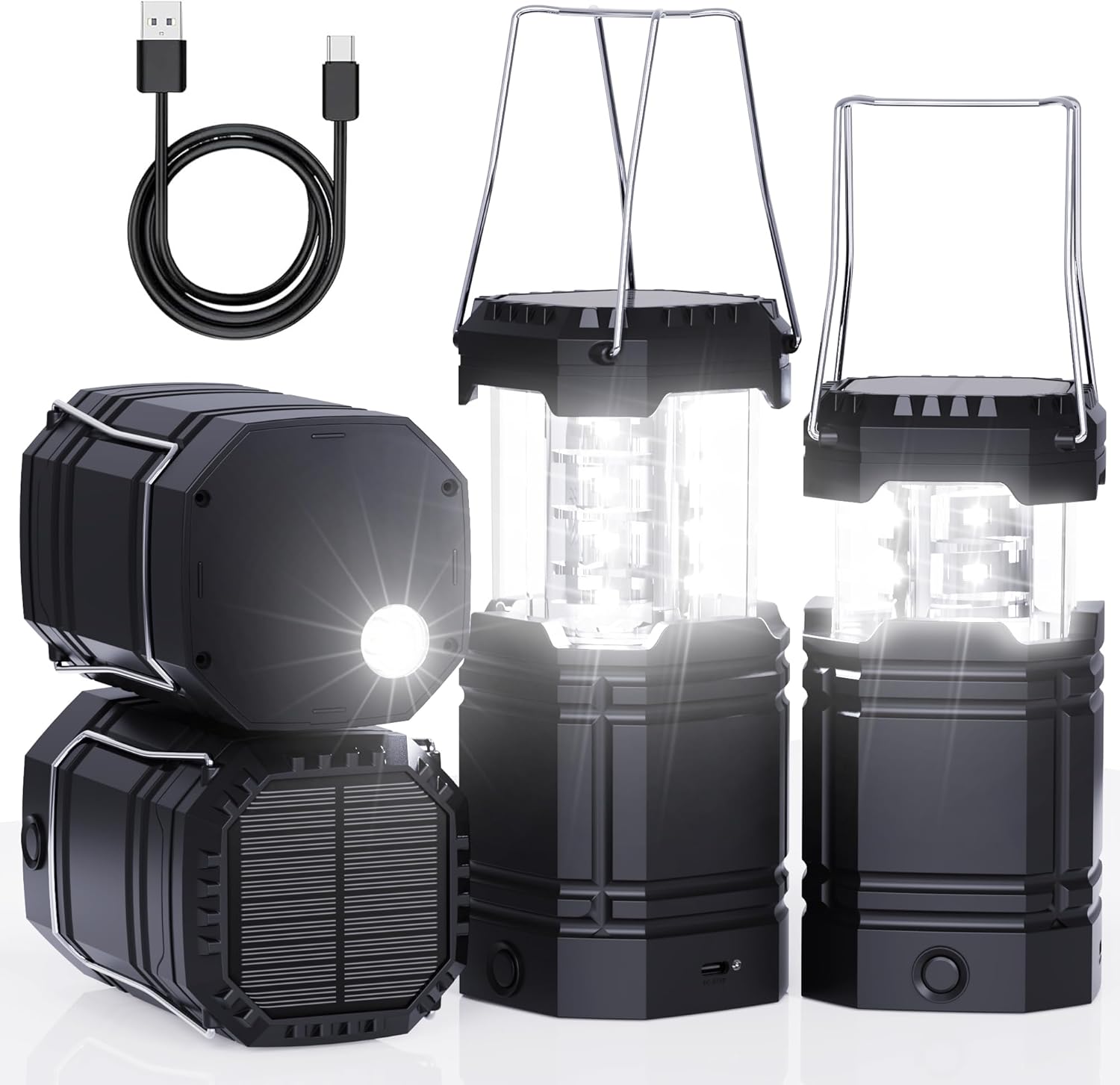 Rechargeable Emergency Lanterns - 4 Pack USB-C & Solar Backup | 1600mAh, 30H Runtime, Compact Camping Lights