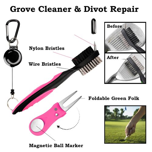 HYYPME Golf Accessories Kit 20 PCS Pink Golf Gift Set - Golf Towel, Ball Marker, Pins, Golf Club Cleaner, Pink Golf Balls w/Holder, Ball Alignment Kit, Divot Repair, Plastic Tees, All Pink Kit
