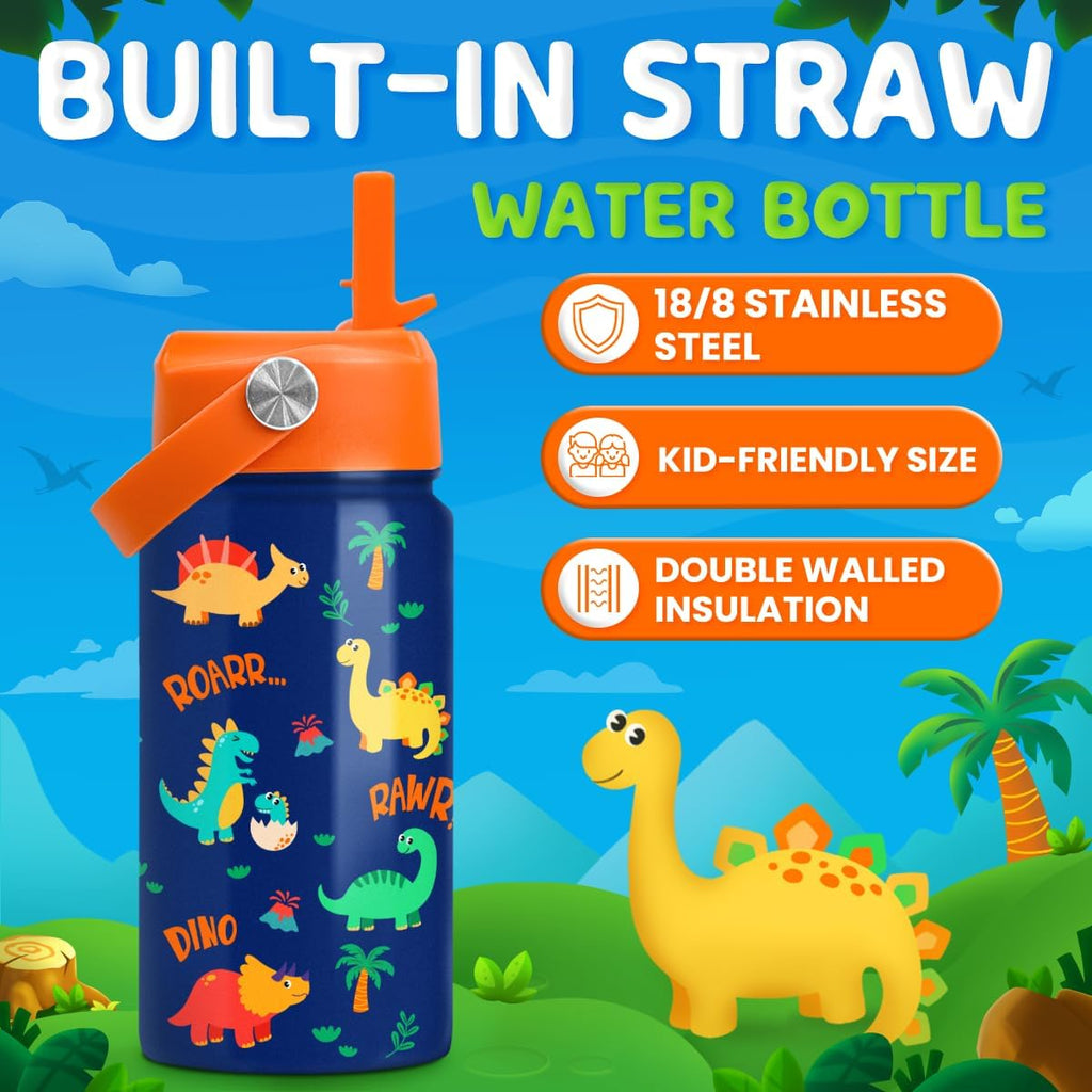 Skiennix Dinosaur Water Bottle - Insulated 12 Oz Kids Bottle with Straw Lid | Perfect for School & Sports