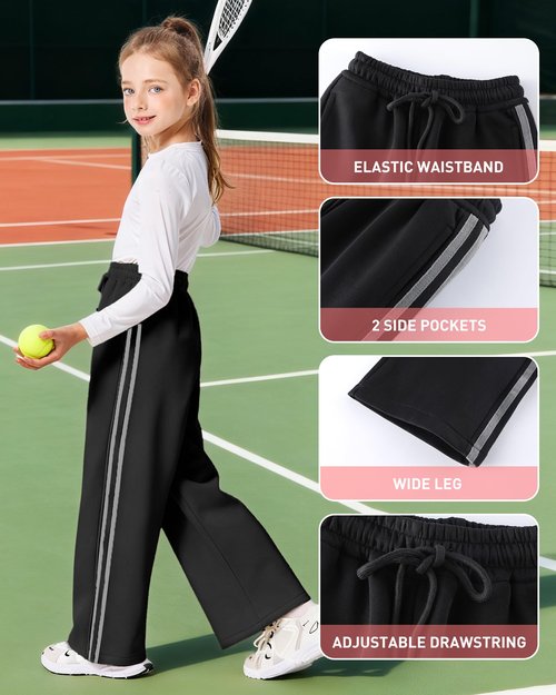 Hvididan Girls Wide Leg Sweatpants with Side Stripes High Waist Baggy Track Sweat Pants for Kids to Teens Black Size 11-12