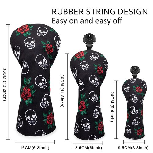 Barudan Golf Club Covers, 3pcs Golf Club Head Covers for Driver, Woods and Hybrids, Rose and Skeleton Driver Fairway Rescue Headcovers Set, Designed to Fit All Brand Golf Clubs