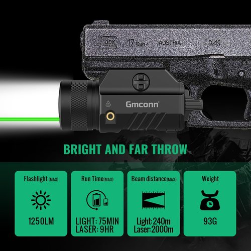 Gmconn Tactical Flashlight with Green Laser Light Combo - 1250 Lumen Rechargeable Pistol Light
