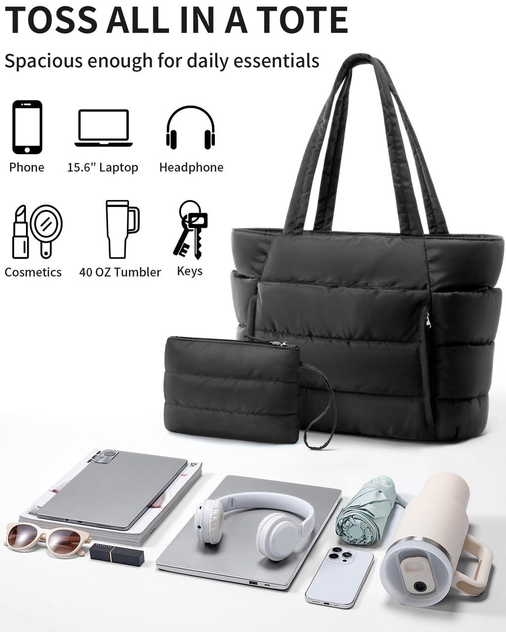 Bagstellar Puffer Tote Bag for Women, Lightweight Puffy Work Handbag Teacher Nurse Quilted Shoulder Bag for School Travel Gym