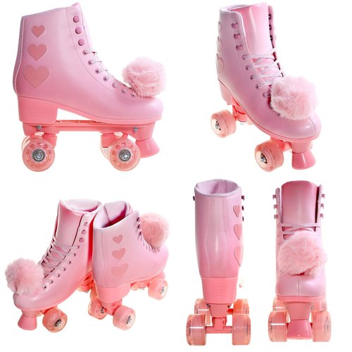 JetHok Roller Skates for Women, High Top PU Leather Rollerskates, Shiny Double-Row Four Pink Wheels Quad Skates for Girls and Age 8-50 Indoor Outdoor (Gradient Pink, US 1)