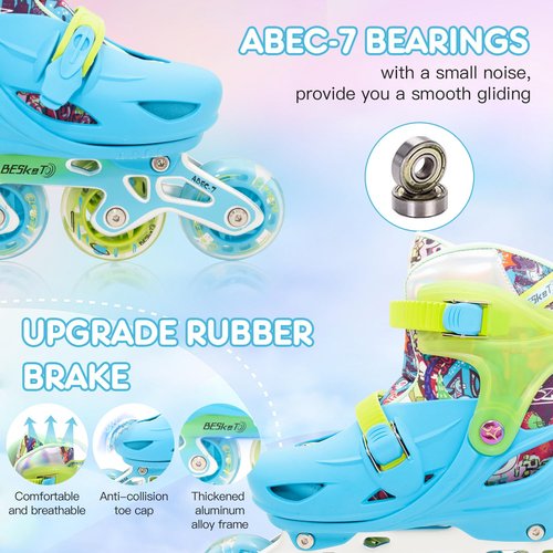 Besketo Blue Graffiti Light up Inline Skates for Girls Boys, 4 Size Adjustable Roller Shoes with Full Illuminating Wheels for Kids, Blades Roller Skates for Beginner Teens & Adult Youth - S J9-J12 US
