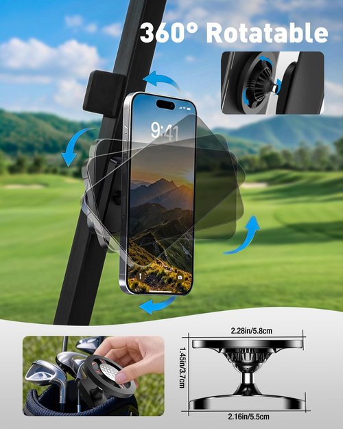 NEVERLAND Magnetic Golf Cart Phone Holder, 360° Rotation Golf Cart Phone Mount Compatible with MagSafe iPhone and Android, Golf Cart Accessories Gifts for Men Women Golfers