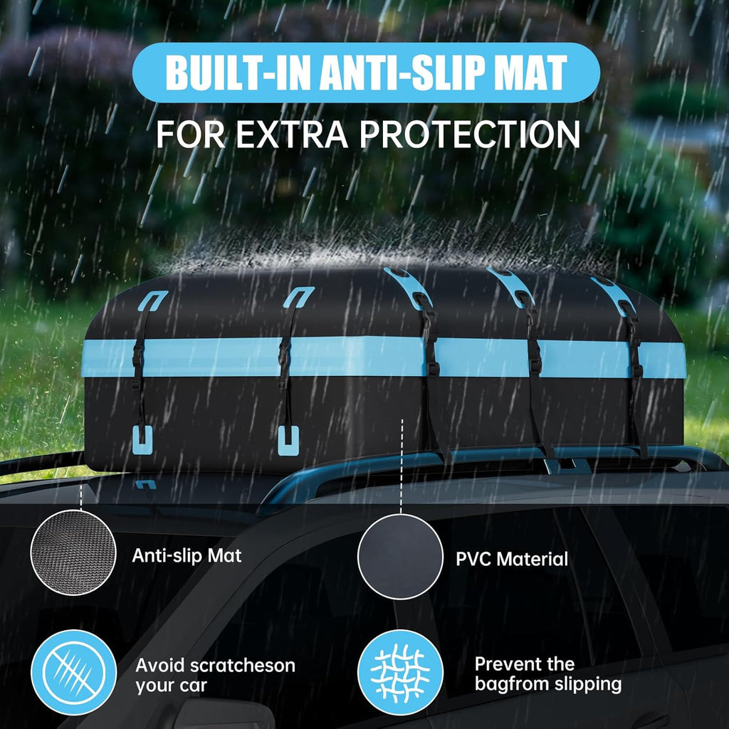 Skiennix Rooftop Cargo Carrier Bag - 30 Cubic Feet Waterproof Soft-Shell Design | Includes Anti-Slip Mat & Straps (Blue)