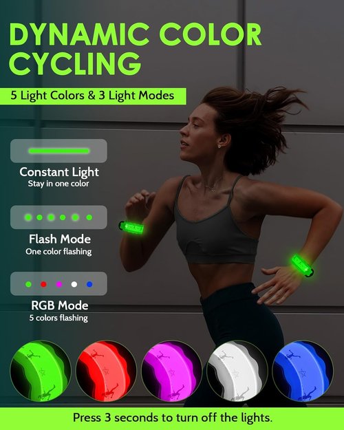 Fitense Rechargeable LED Armband 2-Pack, High Visibility Running Gear for Night Safety, 5 Colors & 3 Modes Light Up Wristbands for Night Walking, Cycling, Gift for Women Men Kids