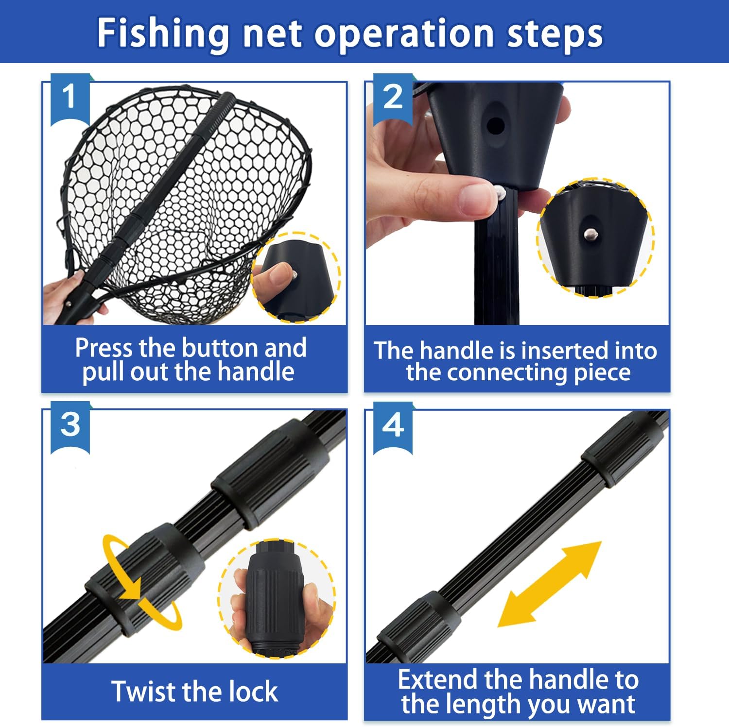Telescoping Rubber Fishing Net - 64"/46" Long Silicone Landing Net for Kayak & Saltwater Fishing