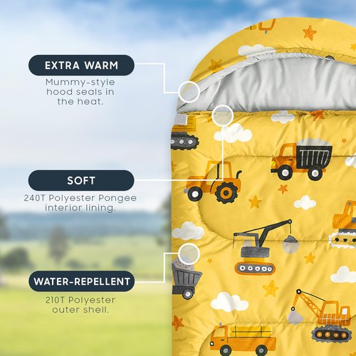 Wake In Cloud - Construction Car Kids Sleeping Bag for Boys Toddlers, Camping in Warm Cold Weather, Backpacking Lightweight Compact Outdoor Liner for 3 Seasons Summer Spring Fall, Yellow
