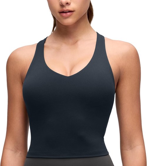 CRZ YOGA Butterluxe V Neck Crop Tank Top - Wireless Padded Longline Sports Bra for Women