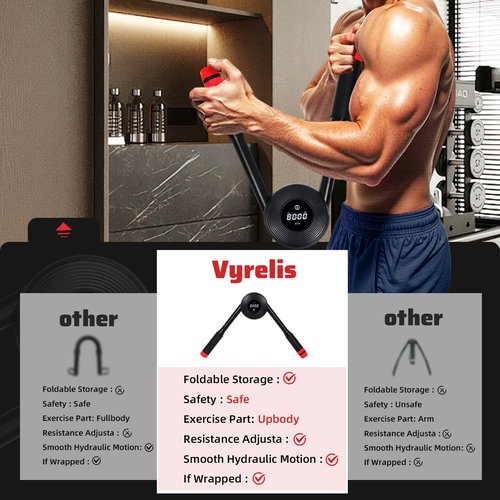 Vyrelis Hydraulic Power Twister Adjustable 22–440 lbs with Digital Display, Foldable Arm Chest Forearm Exerciser, No Snapback Safety, Portable Upper Body Strength Training Equipment (Red)
