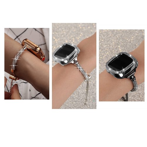 Bling Band And Case Compatible with Fitbit Versa 4/ Fitbit Sense 2 for Women, Metal Stainless Steel Wristband Replacement for Fibit Sense 2/Versa 4 (Silver)