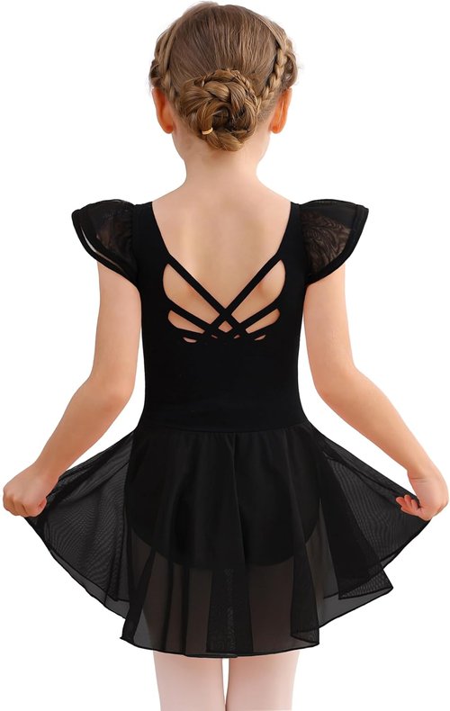 MdnMd Girls Ballet Leotard Dress - Toddler Ballerina Outfit with Flutter Sleeves & Knot Back