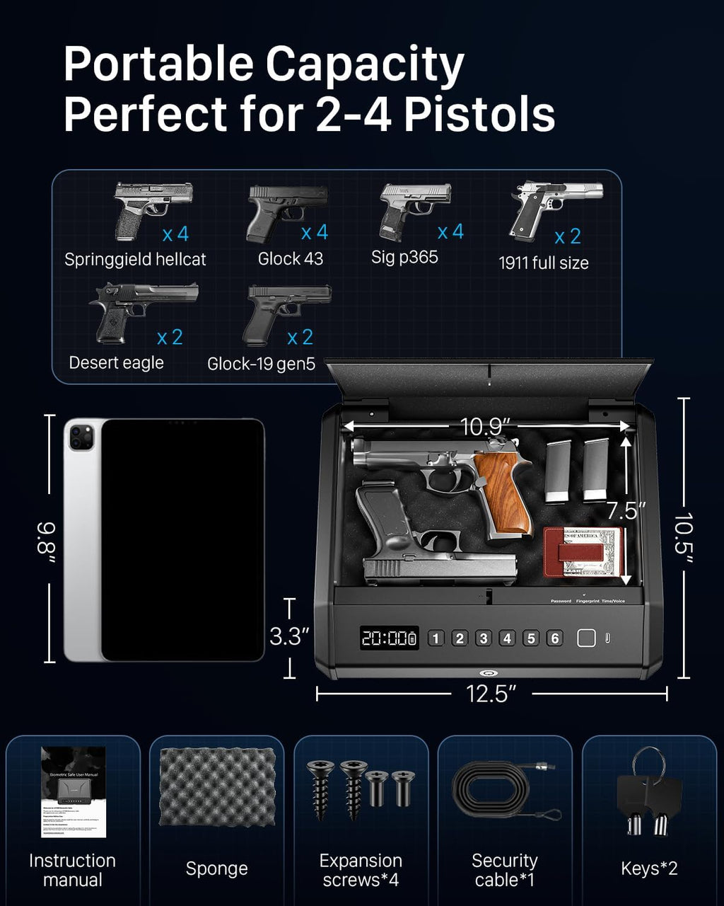 TOPMEDA Large Biometric Gun Safe - Fits 4 Pistols | 100 Fingerprint Sets, Internal Light & Silent Mode