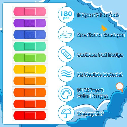 180Pcs Kids Bandages Bulk, Children's Colorful Flexible Adhesive Bandages 10 Colors Neon Waterproof Breathable Strip Protect Cuts and Scrapes for Children Toddlers, 2.83'' x 0.75''