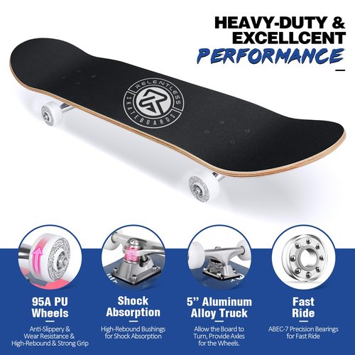 Hamish Brewer, Relentless Skateboard, 31 Inch Complete with Grip Tape, Skateboard Wheels, 7 Layer Maple Skateboard Deck, Concave, Double Kick - Suitable for Kids, Teens, Adults