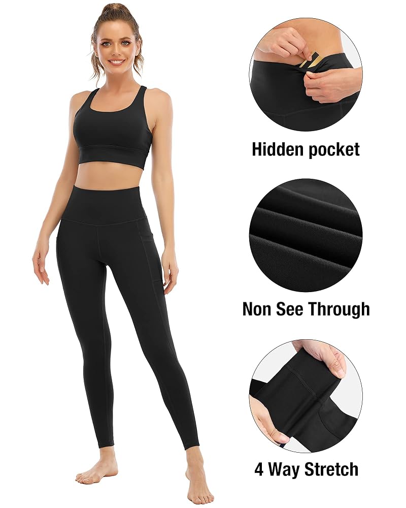 YOUNGCHARM 4 Pack Leggings with Pockets - High Waisted Tummy Control Yoga Pants (Black/Black/Black/Black+Large)