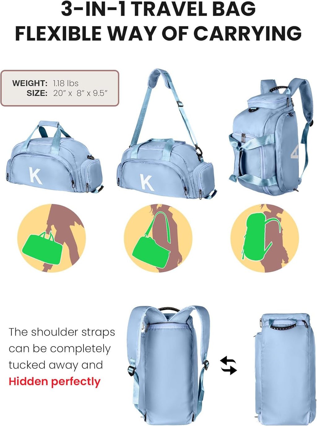 Skiennix Initial Gym Bag - Stylish Dance Bag for Girls with Shoe Compartment | Monogrammed Duffle Tote (Letter K)