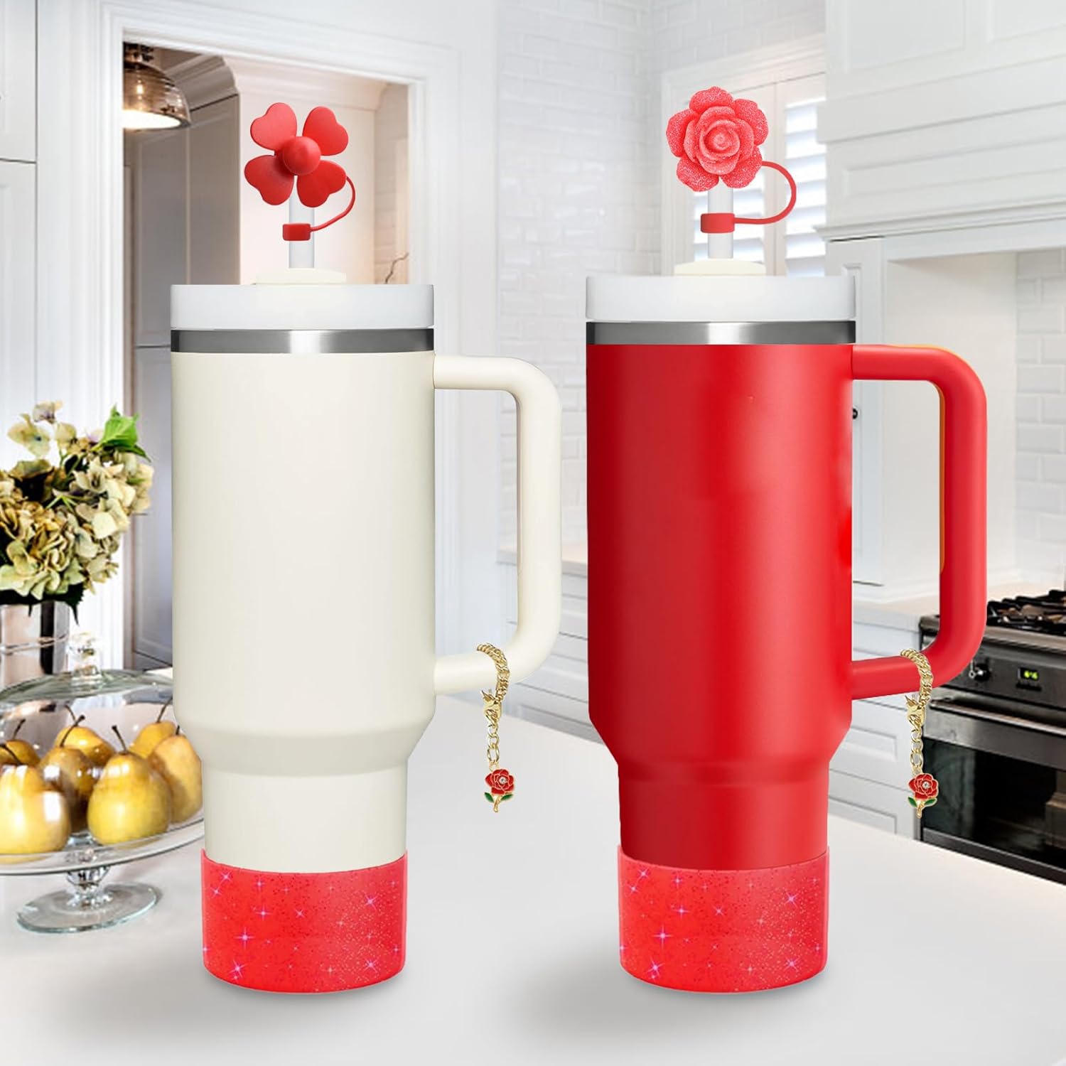 Stanley Cup Accessories Set - 3-Piece Silicone Straw Cover & Spill-Proof Stopper | Cute Rose Handle Charm & Boot for 40/30 Oz Tumblers (Chili)
