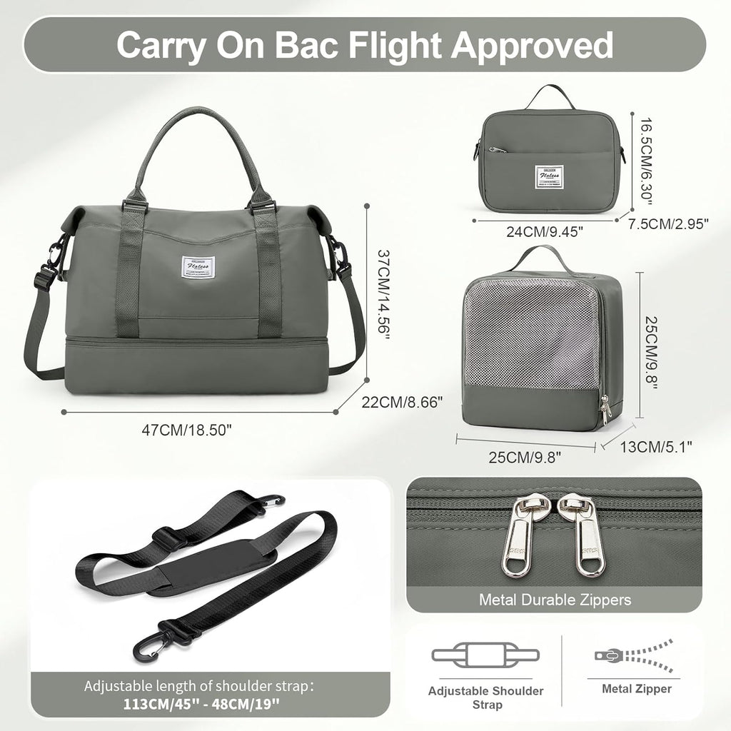 Skiennix Travel Duffle Bag - Stylish Weekender with Shoe Compartment | 3-Piece Set in Olive Green