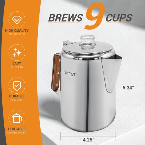 LRYYBTI Percolator Pot Stainless Steel Camping Coffee Pot-NO Aluminum or Plastic Camping Coffee Pot Stovetop (9 cup)